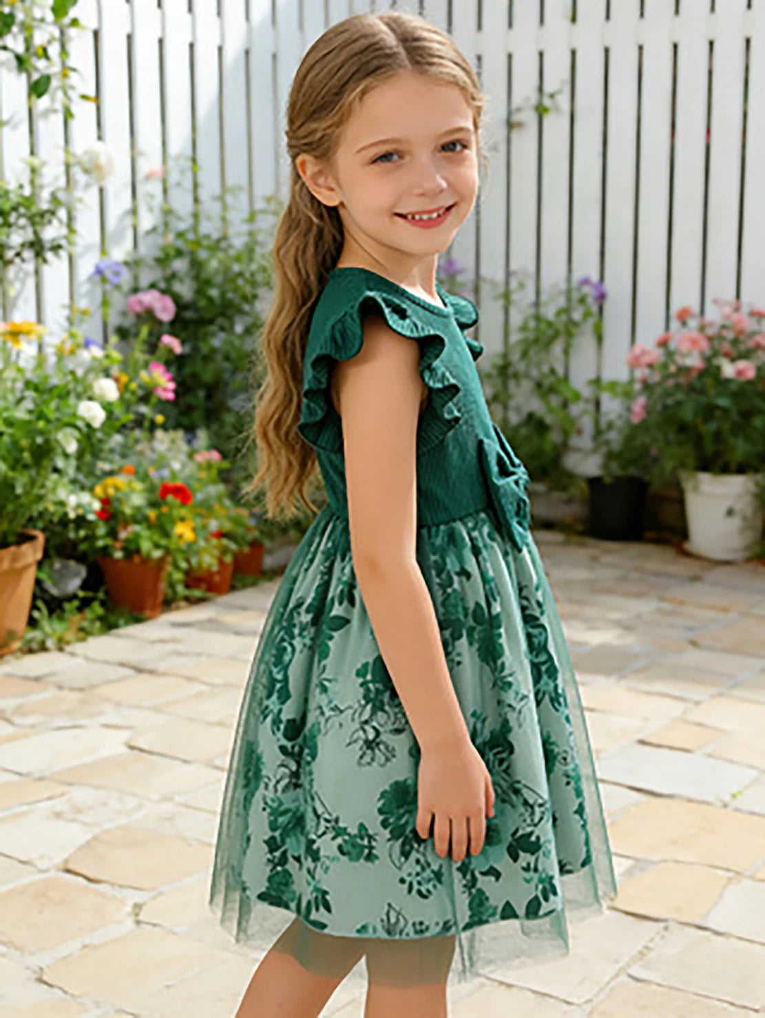Little Girls Green Gradient Princess Dress, Summer Floral Print Tutu Skirt, Kids Pastoral Style Daily Dress