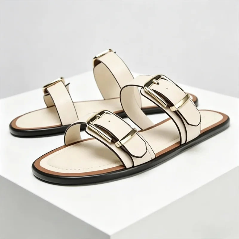 Comfortable Beige Soft Leather Flat Sandals Women Fashion Metal Buckle Designer Shoes Summer Sexy Open Toe Non Slip Beach Shoes
