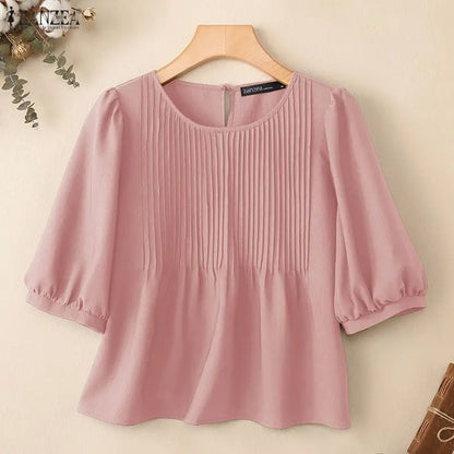 ZANZEA 2026 Woman Pintuck Blouses Casual Round Neck Half Puff Sleeve Solid Color Tops Summer Daily Commute Work Blusas Mujer