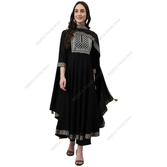 Indian Pakistani Women Black Rayon Kurta Pant Set with Dupatta Ethnic Embroidery 3 Piece Suit Traditional Anarkali Salwar Kameez