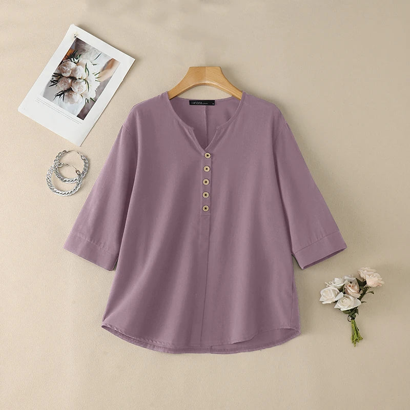 ZANZEA Woman Cotton Linen 3/4 Sleeve Blouses V-Neck Half-Button Solid Color Tops Spring Summer Daily Casual Wear Blusas de Mujer