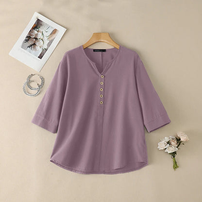 ZANZEA Woman Cotton Linen 3/4 Sleeve Blouses V-Neck Half-Button Solid Color Tops Spring Summer Daily Casual Wear Blusas de Mujer