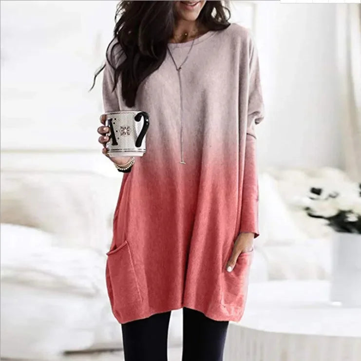 Women's Casual Long Sleeve T-Shirt with Pocket Gradient Color T-Shirt for Autumn And Winter Fashionable And Comfortable