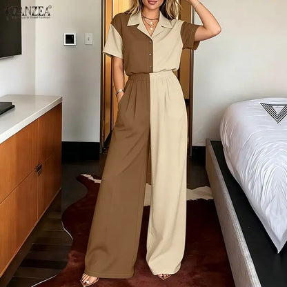 ZANZEA Stylish Lapel Neck Short Sleeve Shirt Wide Leg Pant Sets Summer 2 Pieces Sets Women Patchwork Outfit OL Work Tracksuits