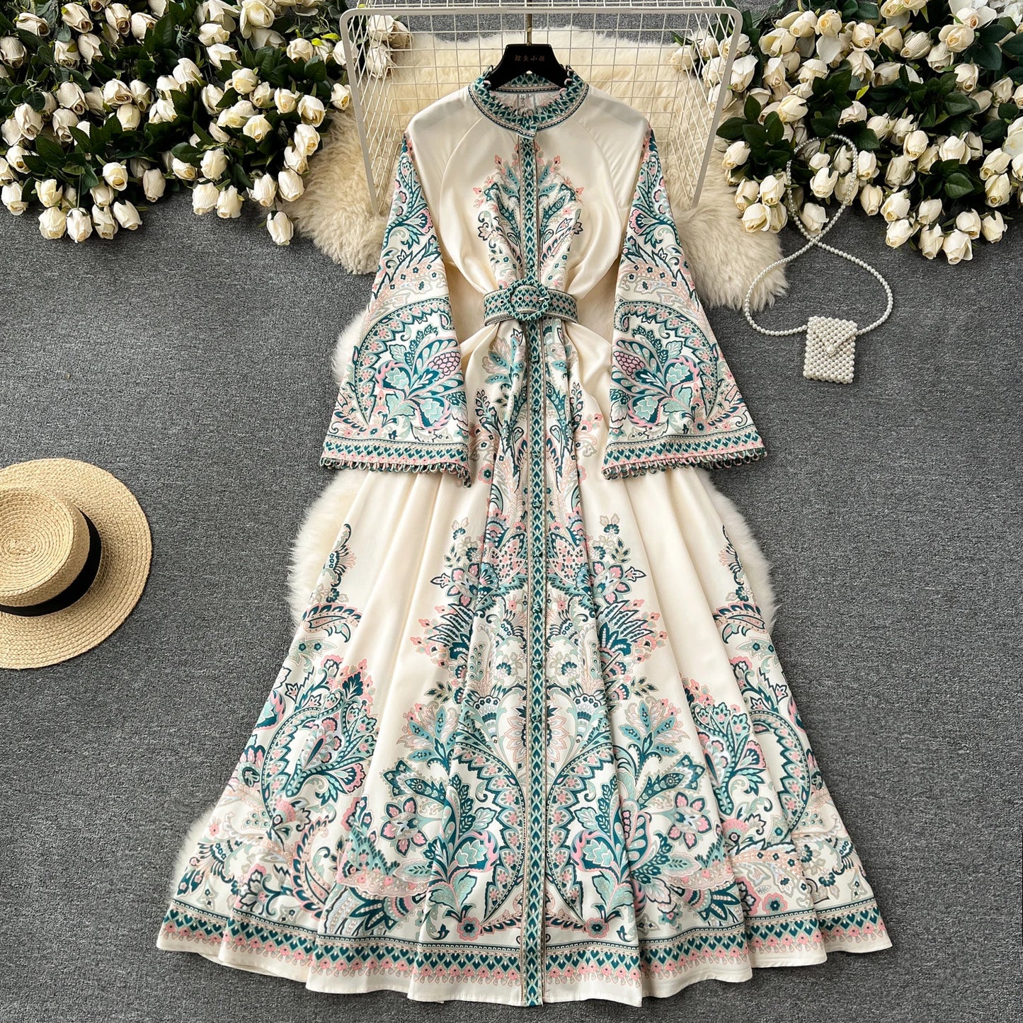 Spring Autumn Women's Dress Vintage Long Sleeve Print Floral High Waist Boho Party Maxi Vestidos Elegant Luxury Long Dresses
