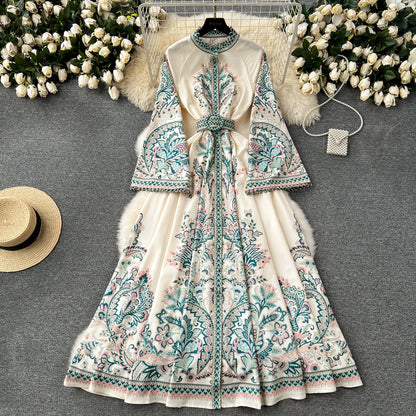 Spring Autumn Women's Dress Vintage Long Sleeve Print Floral High Waist Boho Party Maxi Vestidos Elegant Luxury Long Dresses