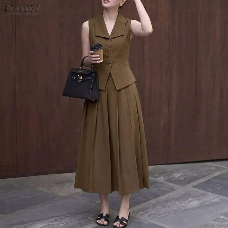 ZANZEA Women Elegant 2 Piece Matching Sets Lapel Sleeveless Vests Tops & Pleated A-Line Maxi Skirts Office Commute 2pcs Suits