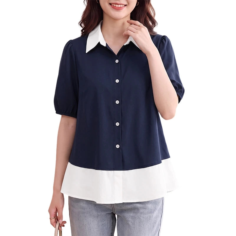 ZANZEA Woman Color-Block Shirts Elegant Lapel Puff Sleeves Button Up Peplum Blouses Summer Casual Daily Wear Chemises Femme 3XL