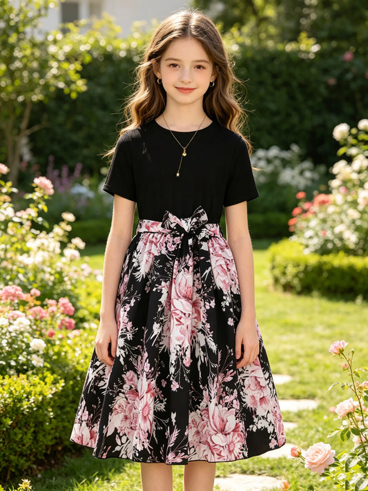 Casual Sweet Girl Patchwork Floral Short Sleeve Dress Solid Color round Neck Top Summer Gift for Girls