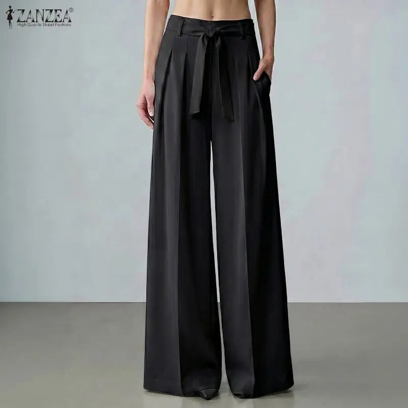 ZANZEA Summer Autumn Wide Leg Pants Women Long Trousers Fashion Solid Color Bottoms Streetwear Belt Pant Oversize S-3XL