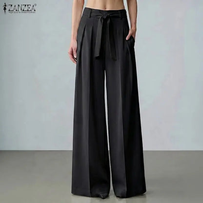 ZANZEA Summer Autumn Wide Leg Pants Women Long Trousers Fashion Solid Color Bottoms Streetwear Belt Pant Oversize S-3XL