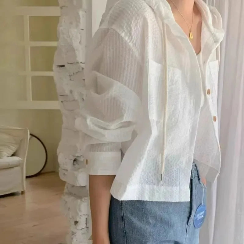 Korean Chic Breathable Stripe Contrast Color Hooded Shirt for Women Loose Long Sleeve Sunscreen Short Fit Single Match All Seaso