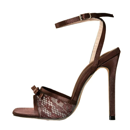 Elegant Ankle Strap Brown Heeled Sandals Women Sexy Open Toe High Heels for Ladies Mesh Bow Decoration Comfortable Women Shoes