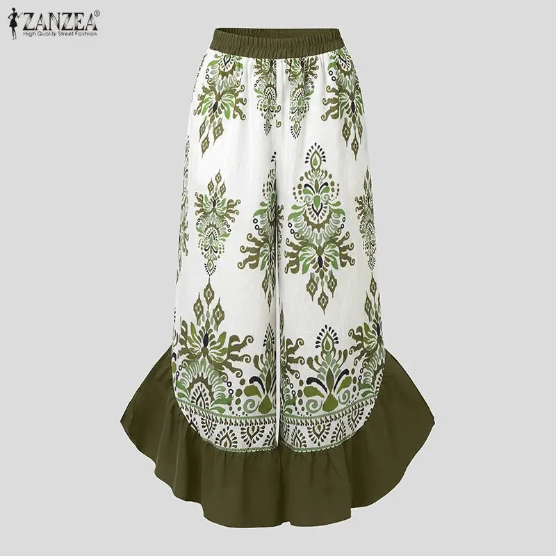 ZANZEA Women's Pants Vintage Printed Trouser Patchwork Casual Loose Ladies Bottoms Fashion Long Elegant Pants
