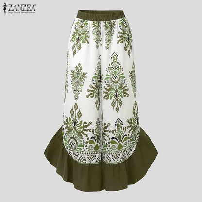 ZANZEA Casual Loose Ladies Bottoms Women's Pants Vintage Printed Trouser Patchwork Fashion Long Elegant Pants