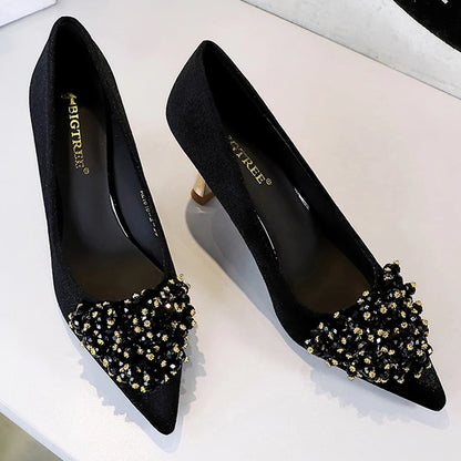 New Beaded Metal Flower Women Pumps Luxury Banquet Shoes Women 7 Cm Heels Stiletto Suede Kitten High Heels Female Party Shoes