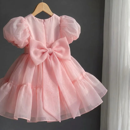 2026 Summer Girls Puff Sleeve Mesh Princess Dresses Sweety Bow Kids Wedding Clothing 1-10years Old Baby Girls Birthday Party Dre