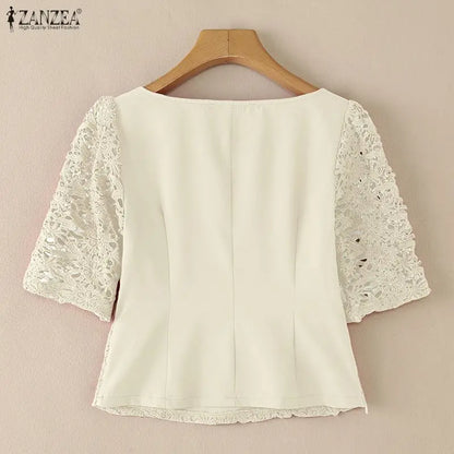 ZANZEA Women Classy Elegant Lace Patchwork Blouses Square Neck Half Sleeve Side Zipper Fitted Short Tops Summer Blusas de Mujer