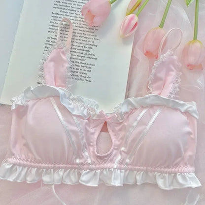 Japanese Cute Girl Lace Bra Set Hollow Sexy Sweet Rimless Underwear Bras for Women