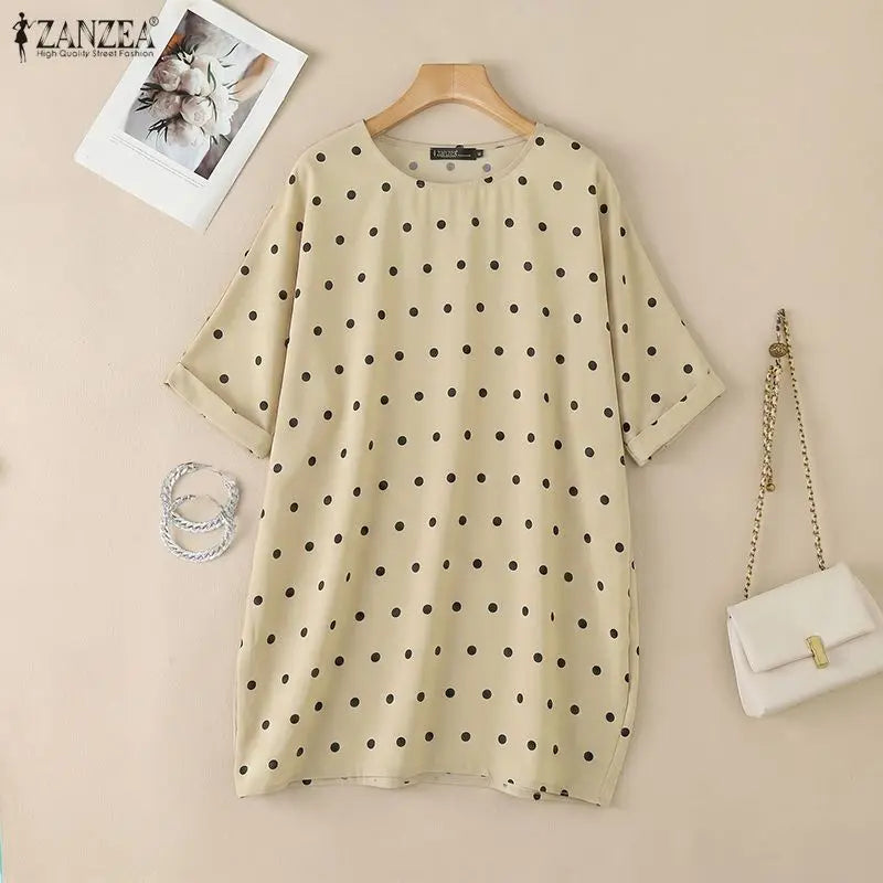 ZANZEA Woman Polka Dot Loose Long Blouses Round Neck 3/4 Sleeves Oversized Tunic Tops Autumn Casual Comfort Daily Wear Blusas