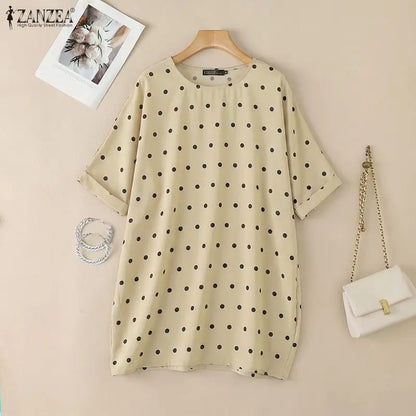 ZANZEA Woman Polka Dot Loose Long Blouses Round Neck 3/4 Sleeves Oversized Tunic Tops Autumn Casual Comfort Daily Wear Blusas
