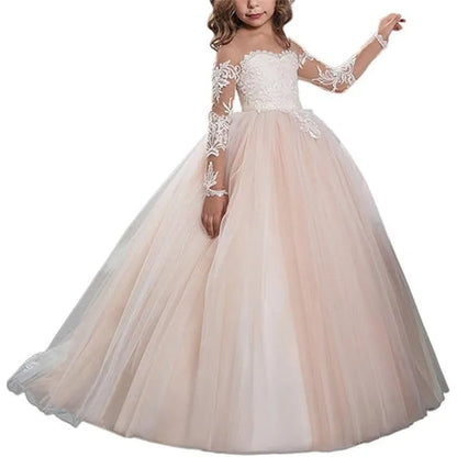 Lace Embroidery Transparent Long Sleeved Children's Flower Girl Wedding Party Graduation Ceremony Princess Floor Mopping Dress