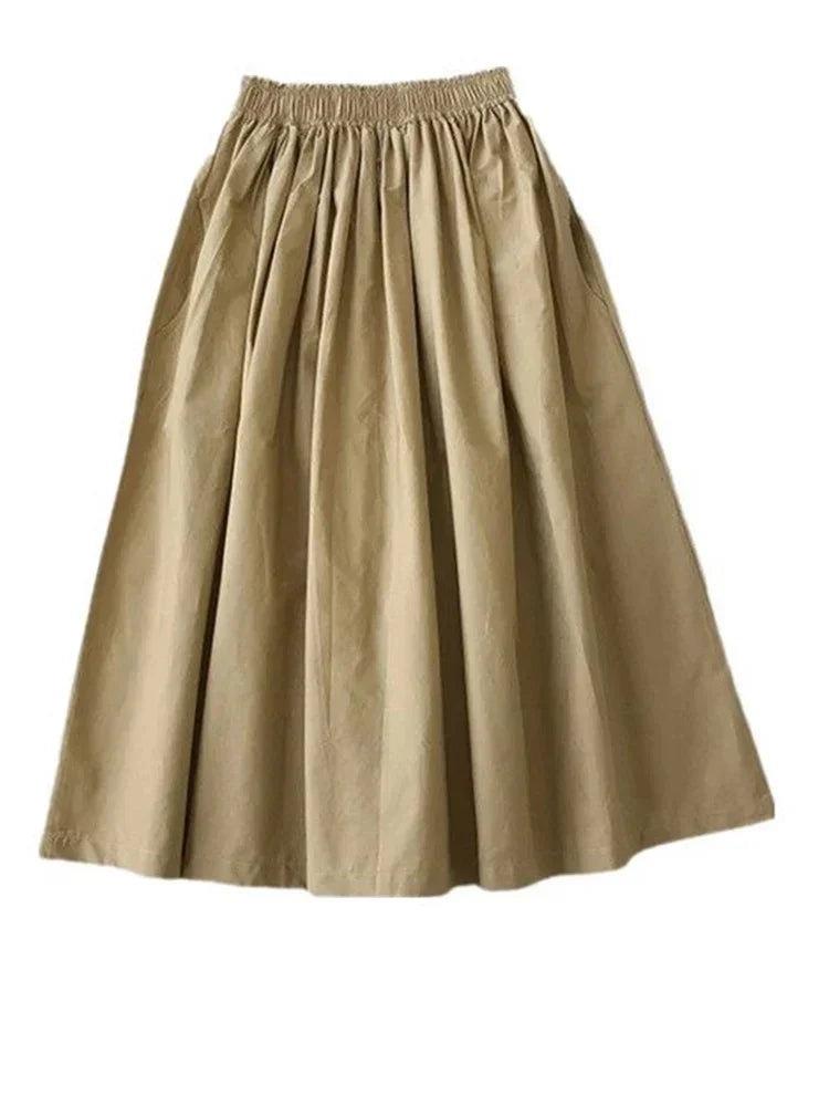 Women's White High Waist Long Skirt A-Line Knee-Length Casual Elegant with Pockets Pleated Fashion for Autumn