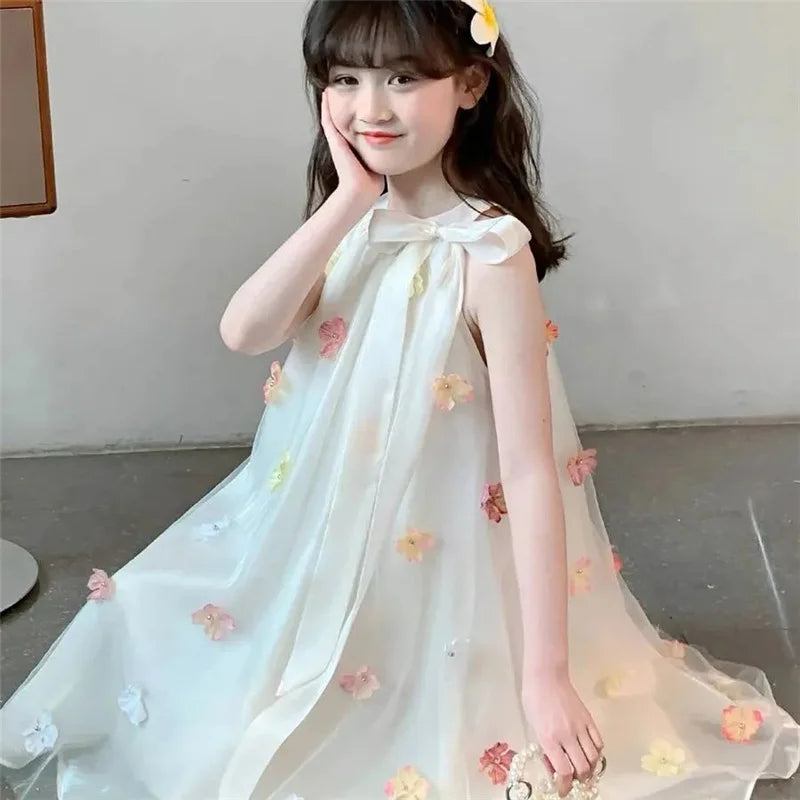 Girls Sleeveless Princess Dresses Baby Print Mesh Sweet Dresses Kids Party Evening Tutu Gown Ball Childrens Clothes 4-12 Years