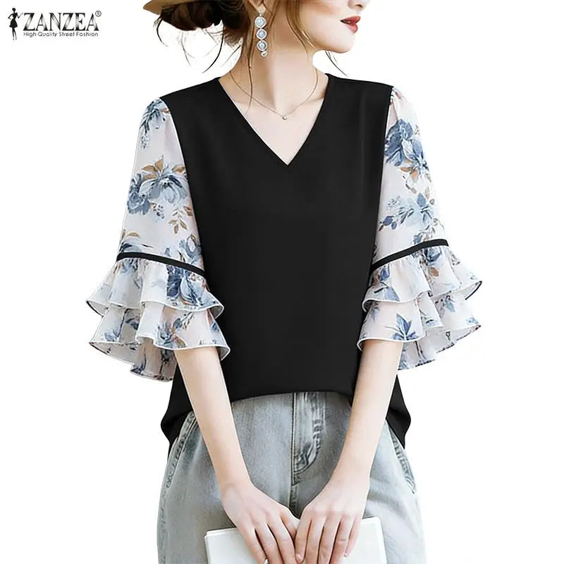ZANZEA Women's Elegant Blouses Floral Printed Patchwork 3/4 Flared Sleeves V-Neck Loose Tops Summer Casual Blusas de Mujer