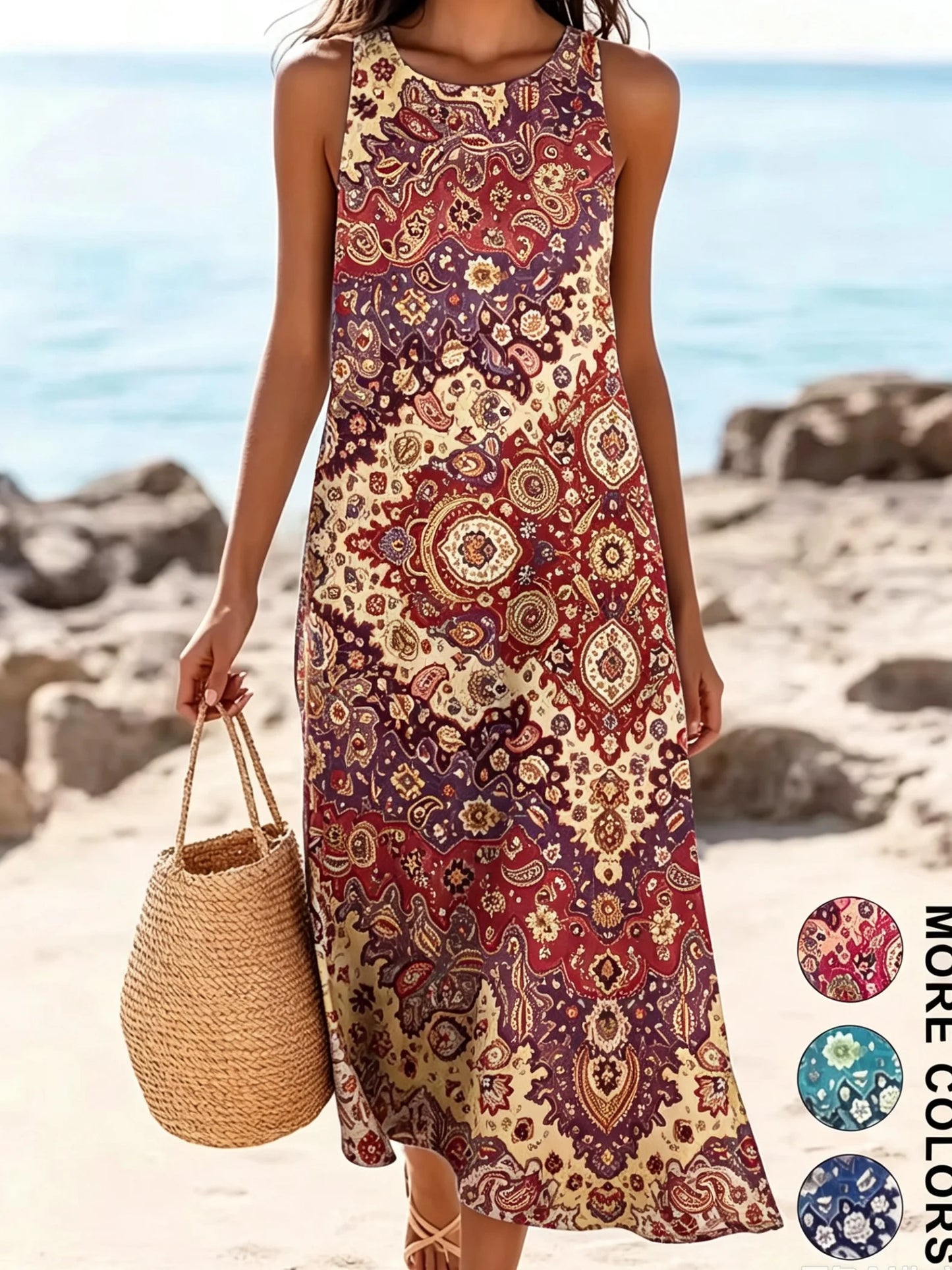 2026 Women's Sleeveless Bohemian Floral Casual Beach MIDI Sundress With Pockets Flowing and Loose Sweetheart Rustic Country