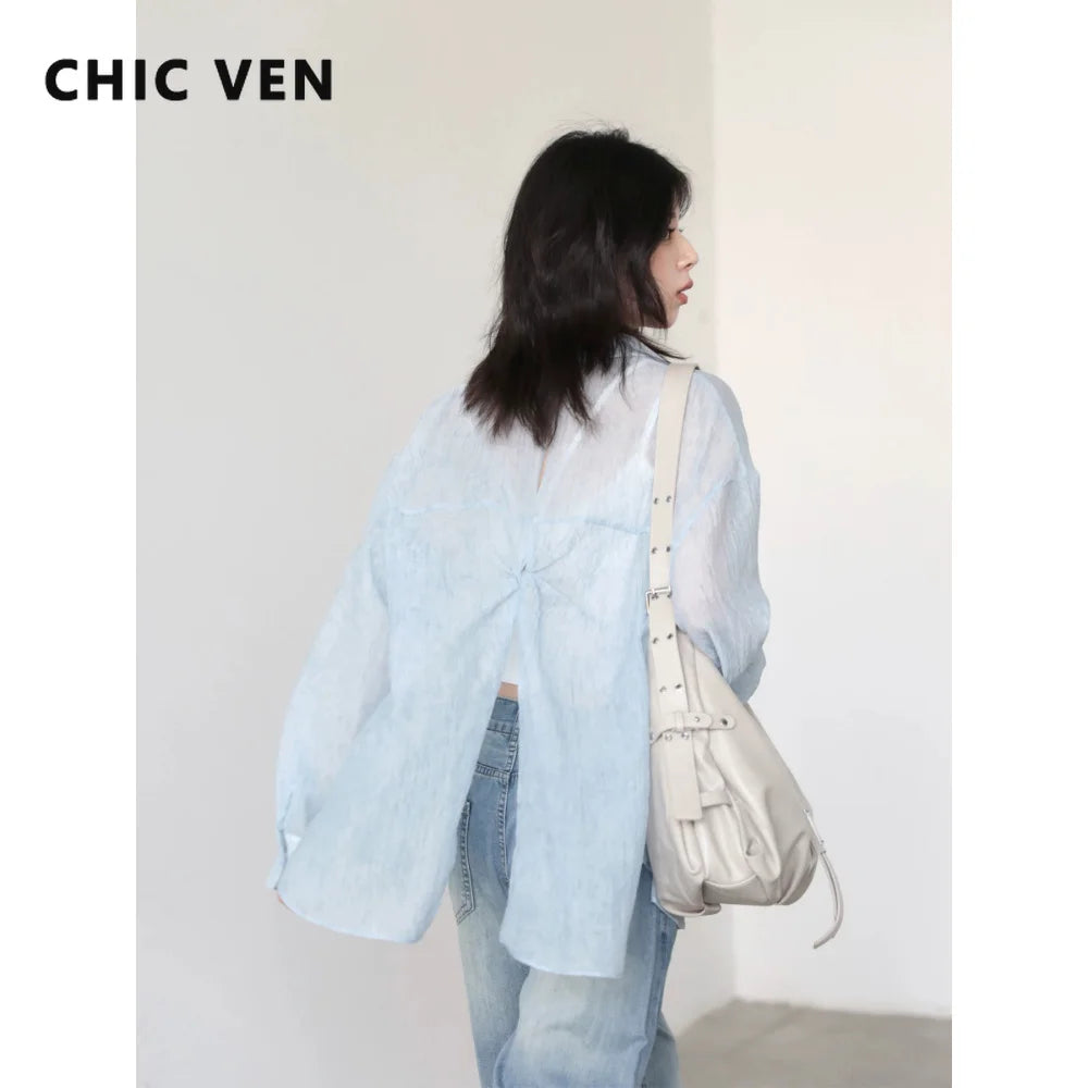 CHIC VEN New Women Summer Shirt Solid Loose Casual Single Breasted Back Slit Long Sleeved Blouses Oversized T-shirt 2026