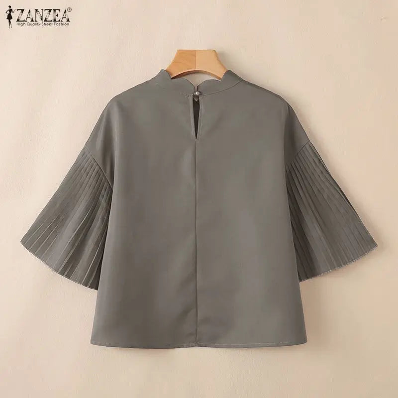 ZANZEA Elegant Women's High-Low Blouses Scalloped Mock Neck Pleated Flare Sleeves Solid Color Tops 2026 Summer Woman Clothes 3XL