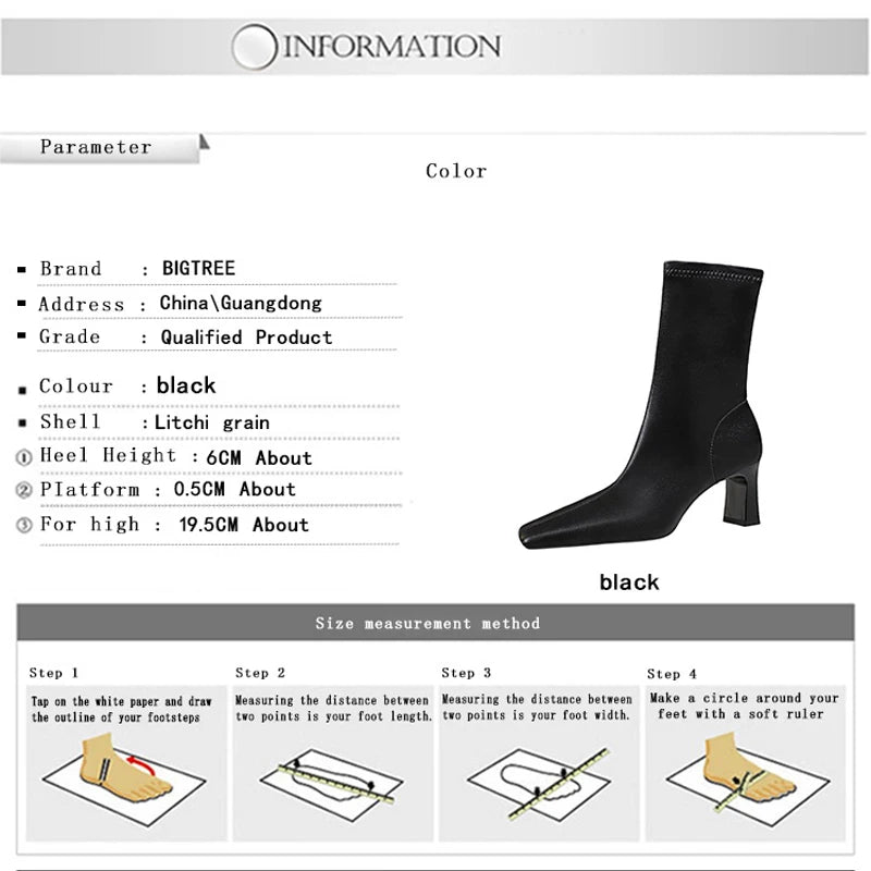 BIGTREE Shoes Autumn Winter Short Boots Square Head Leather Boots Women Shoes Thick Heel Skinny Boots Fashion High-heeled Boots