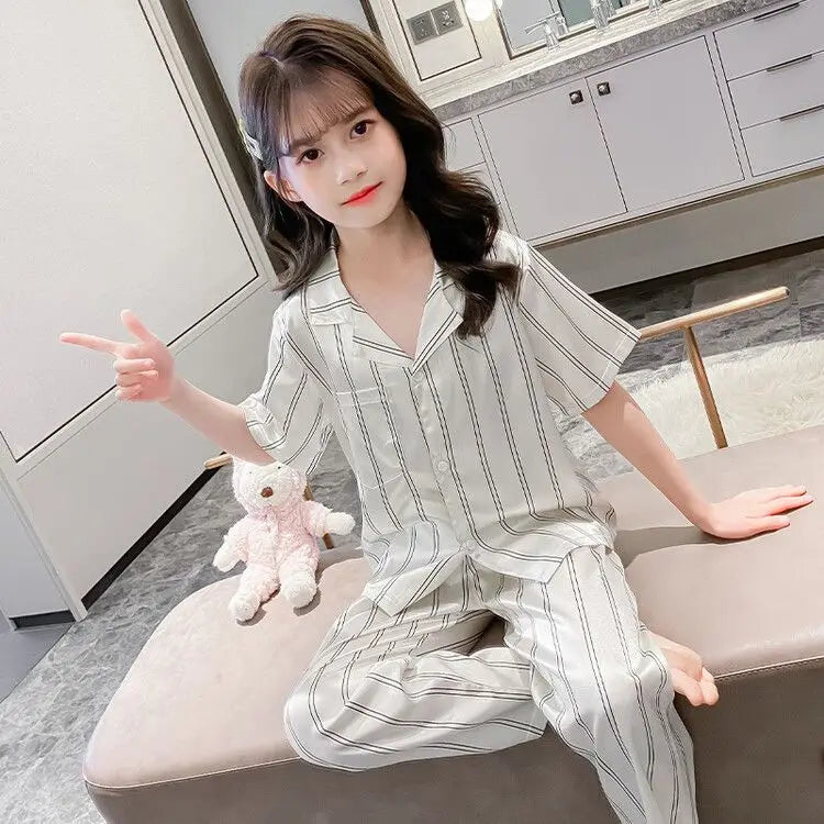 Girls Summer Ice Silk Pajamas Set Short Sleeve Princess Style Cooling Homewear for Kids