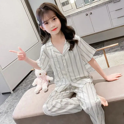 Girls Summer Ice Silk Pajamas Set Short Sleeve Princess Style Cooling Homewear for Kids