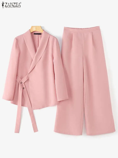 ZANZEA Spring Fashion 2 Piece Sets 2026 Women Office Outfits Long Sleeve Blazer Tops Pant Sets Solid OL Tracksuit Matching Sets