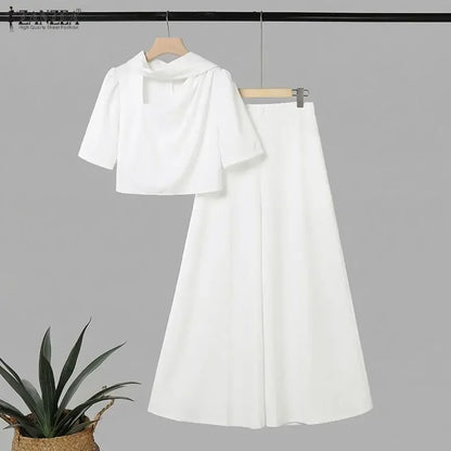Stylish Summer Outfits ZANZEA Women 2 Pieces Sets Tracksuit Elegant Hollow Out Short Sleeve Blouse Wide Leg Pant Sets Streetwwar