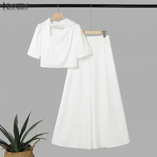 Stylish Summer Outfits ZANZEA Women 2 Pieces Sets Tracksuit Elegant Hollow Out Short Sleeve Blouse Wide Leg Pant Sets Streetwwar