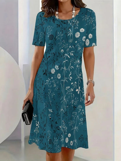 2026 New Elegant Floral Print Dresses for Women Round-Neck Short Sleeve Female Clothing Summer Travel Vacation Clothes for Woman