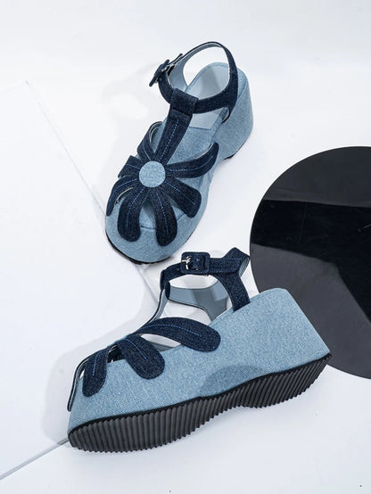High Quality Denim Platform Sandals Women Fashion T Strap Buckle Flower Decoration Designer Shoe Summer Sexy Open Toe Beach Shoe