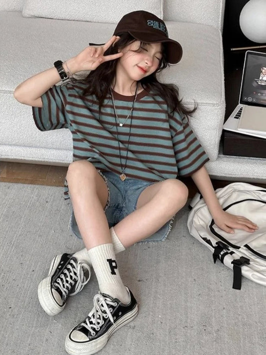 Girls Striped Oversized T-Shirt Big Kids Korean Style Short Sleeve Rainbow Color Casual Top Trendy School Wear for Teen Girls