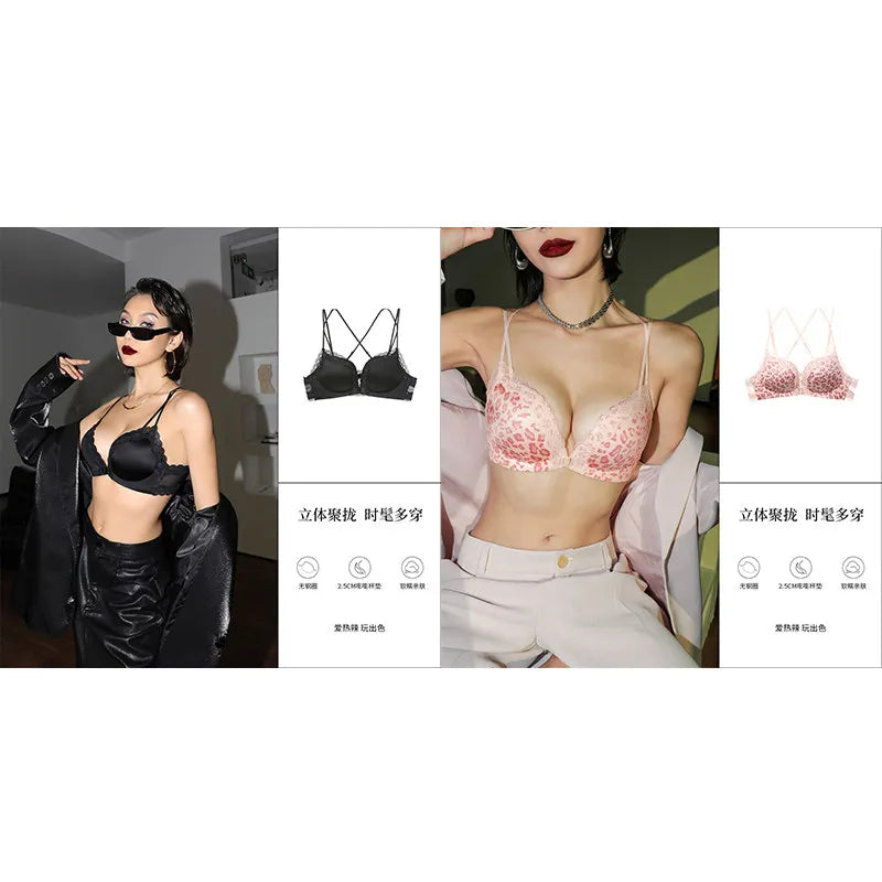 Victoria Style MOYISU Pink Leopard Wireless Bra Set, Front Hook Design, Push Up Bralette, Sexy Back Lingerie To Boost Small Bust