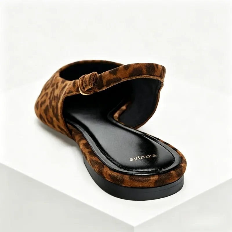 Animal Print Leather Slingback Shoes for Women Sexy Pointed-toe Flat Sandals for Ladies Back Strap Buckle Comfortable Women Shoe