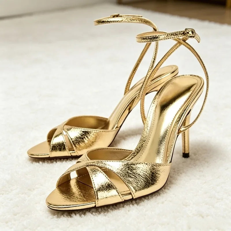 Unique Metalized Pattern Cross Tied Heel Sandals for Women Fashion Ankle Strap Buckle Open Toe Heels Luxury Brand Designer Shoes