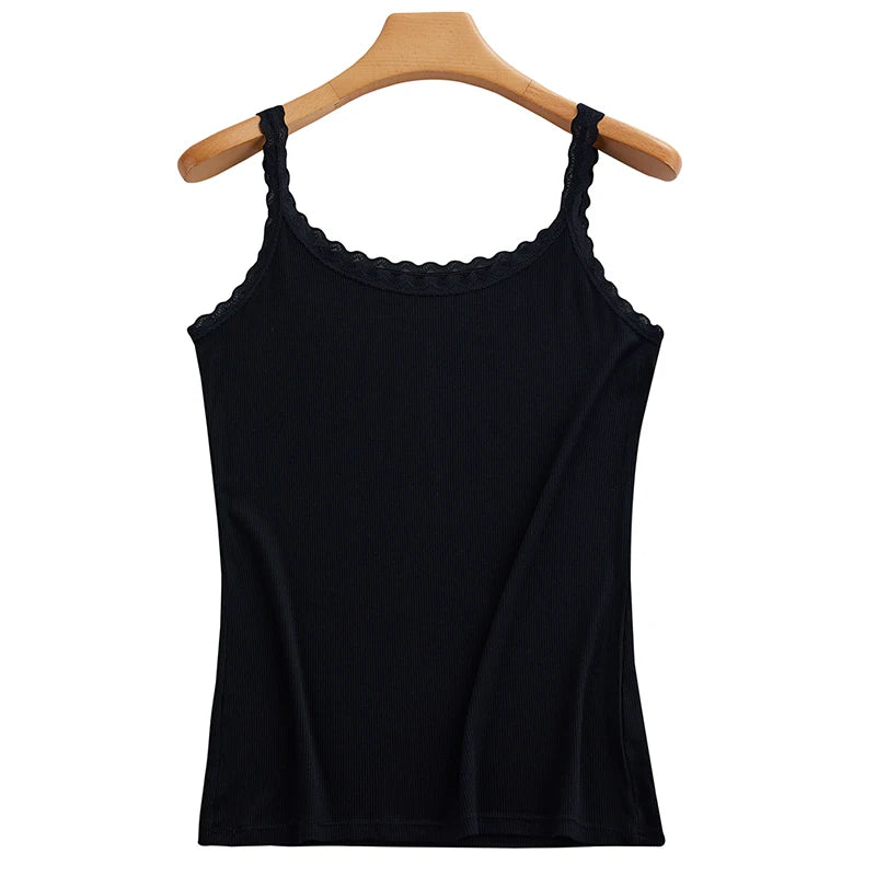 Summer Knitted Ribbed Camisole for Women with Lace Trim, Slim Fit, Suitable for Outerwear or as a Base Layer