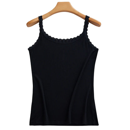 Summer Knitted Ribbed Camisole for Women with Lace Trim, Slim Fit, Suitable for Outerwear or as a Base Layer