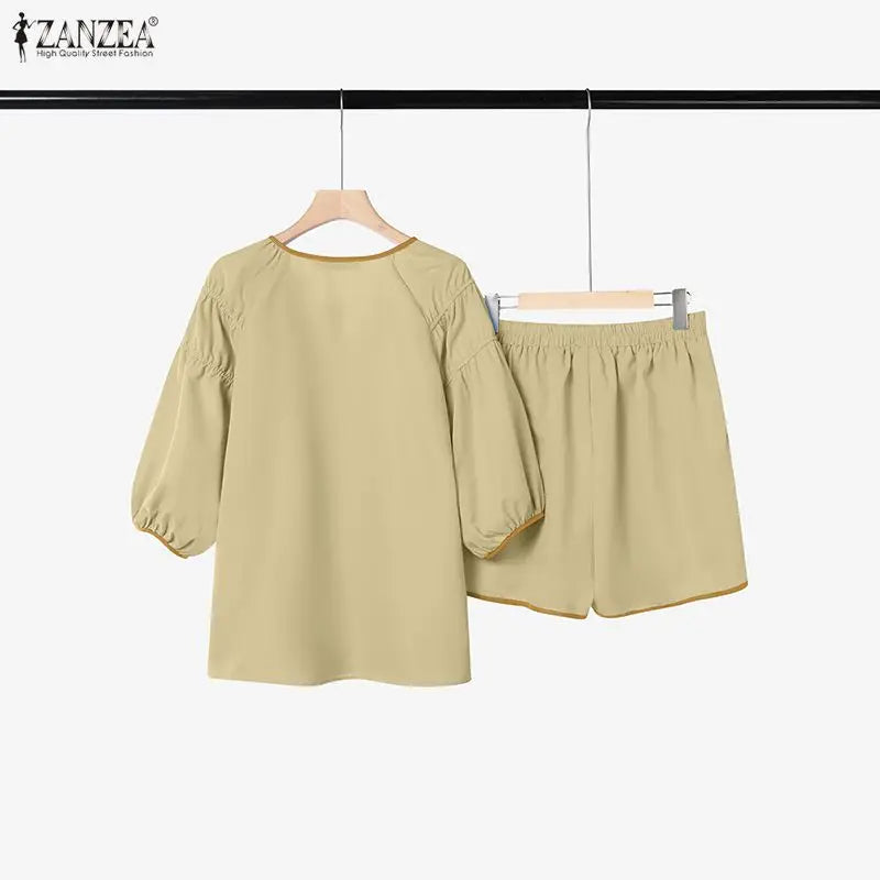 ZANZEA Women's Casual Short Sets Summer 3/4 Lantern Sleeve Contrast Trim V-Neck Shirt & Elastic Waist Shorts 2pcs Suits Outfits
