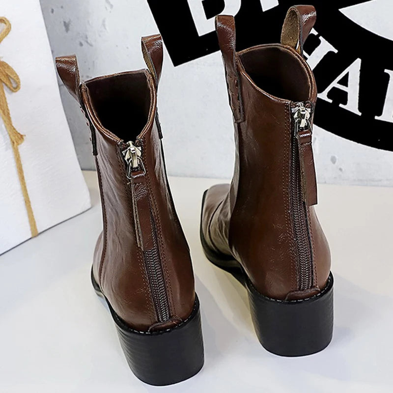 BIGTREE Designer Punk Vintage Pointed Toe Women Ankle Boots Autumn Winter Zipper Shoes Women Fashion Square Heel Botas Mujer