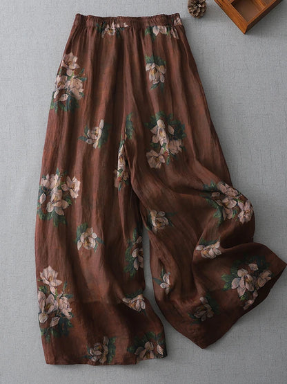 High Waist Large Size Casual Pants Floral Print Linen Wide Leg Pants Artistic Versatile National Style Casual Comfortable Summer