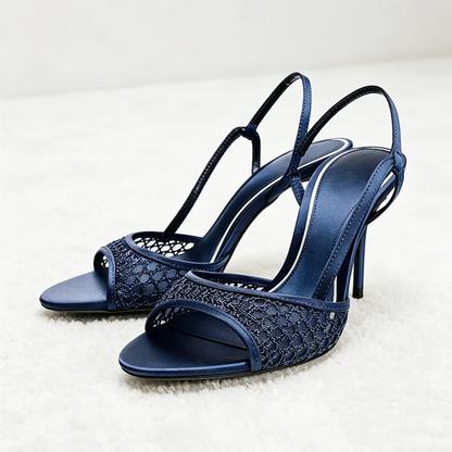 Novelty Blue Mesh-Weave Detail Heeled Sandals Women Stilettos High Heels for Ladies Summer Elegant Ankle-Wrap Designer Shoes